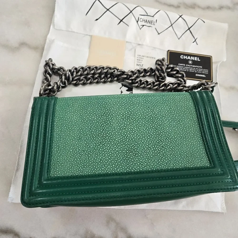 Chanel Green Lambskin Galuchat Stingray Medium Boy Bag